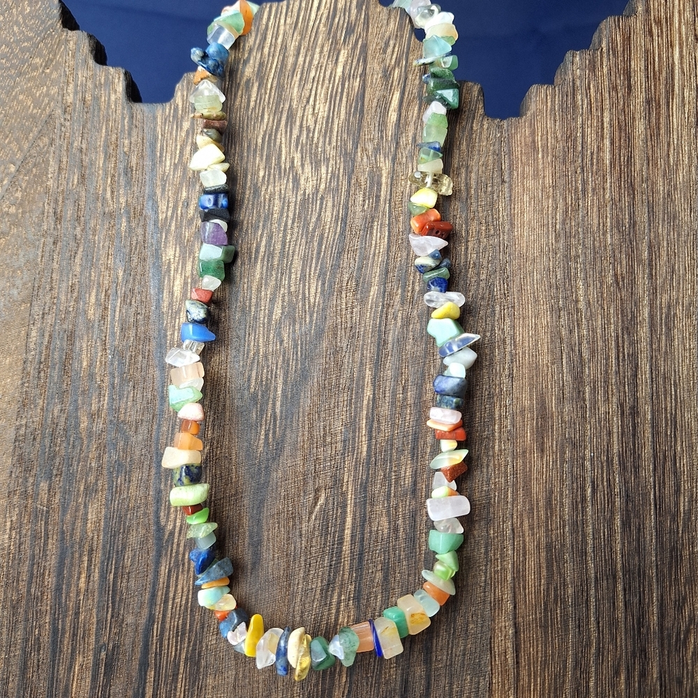 Vintage Semi Precious Gemstone Necklace Polished Gemstone Chips 17"